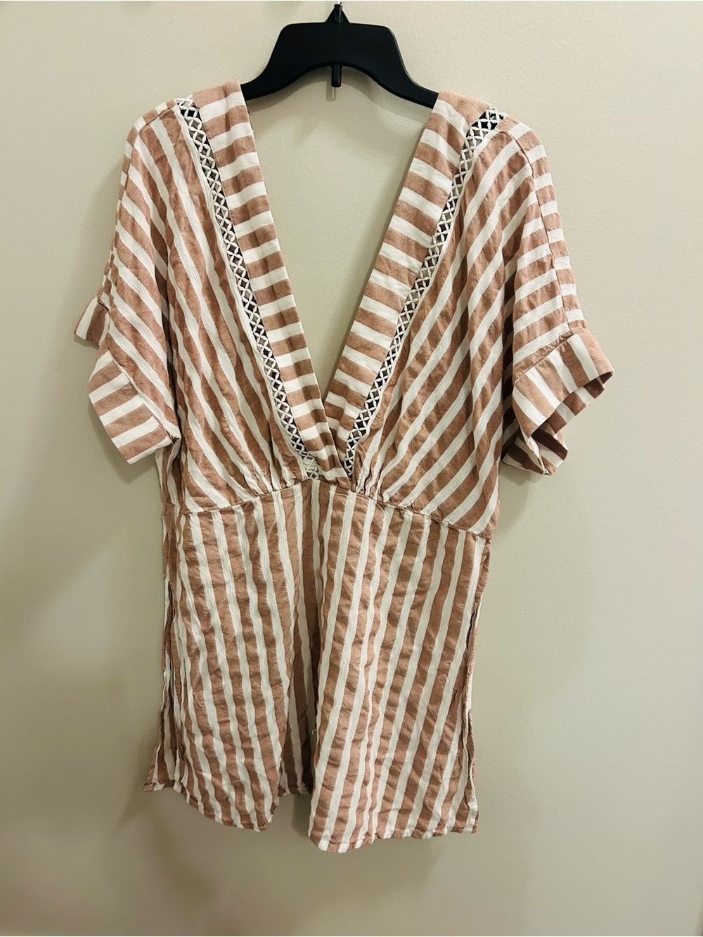Striped V-Neck Swim coverup in Beige and White